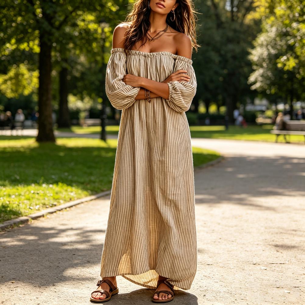 Gaun Maxi Wanita Musim Semi Mu - Off Shoulder Puff Sleeve Sundress ulasan dan harga