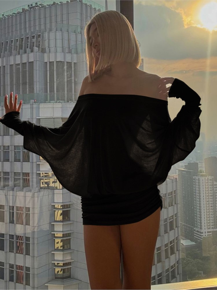 Gaun Mini Transparan Model Off - Sexy Mesh Sheer Bodycon Dress ulasan dan harga