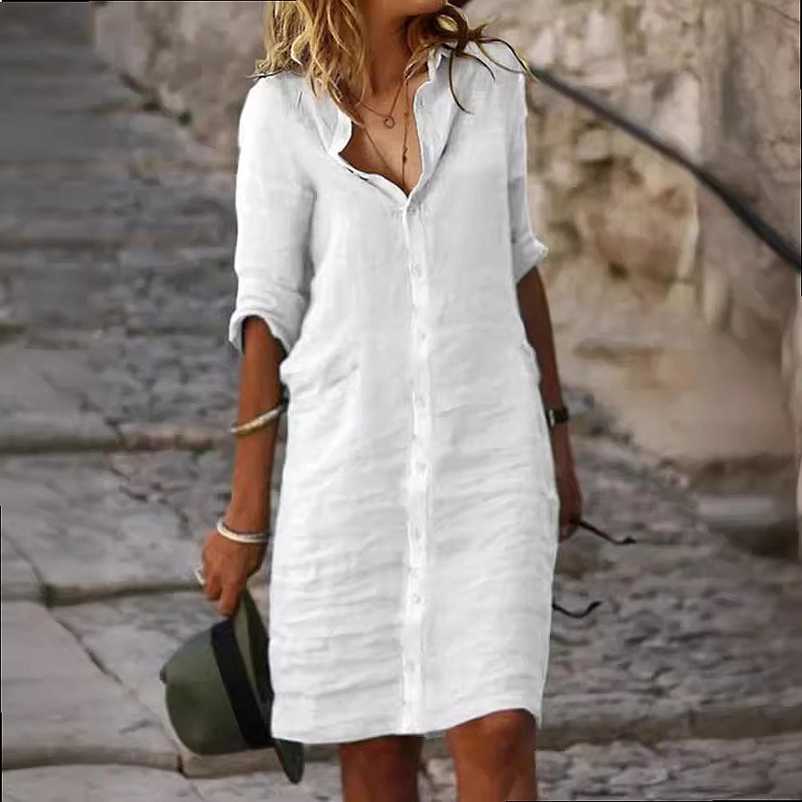 Gaun Kemeja Midi Longgar Berba - Casual Loose Linen Shirt Dress ulasan dan harga