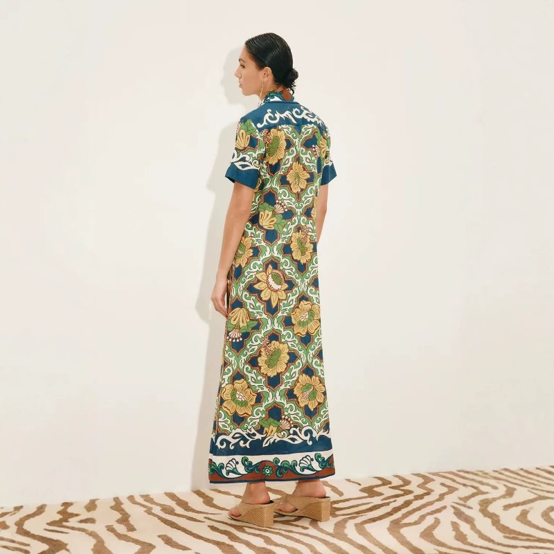 Gaun Kemeja Maxi Wanita Motif  - Casual Loose Linen Shirt Dress ulasan dan harga