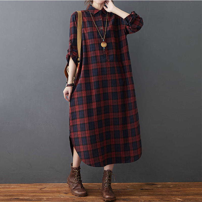 Gaun Linen Katun Wanita Musim  - Casual Loose Linen Shirt Dress ulasan dan harga
