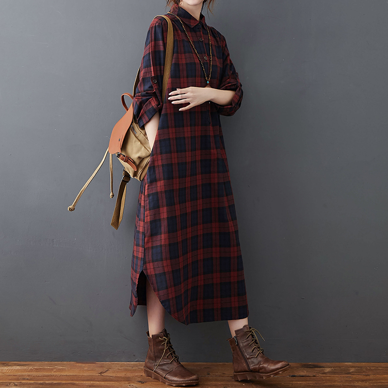 Gaun Linen Katun Wanita Musim  - Casual Loose Linen Shirt Dress ulasan dan harga