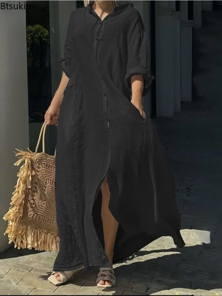 Gaun Panjang Kasual Wanita 202 - Casual Loose Linen Shirt Dress ulasan dan harga
