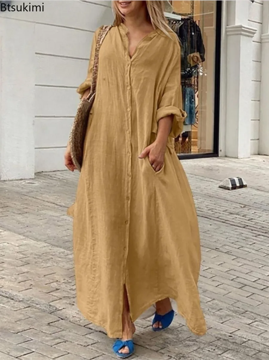 Gaun Panjang Kasual Wanita 202 - Casual Loose Linen Shirt Dress ulasan dan harga