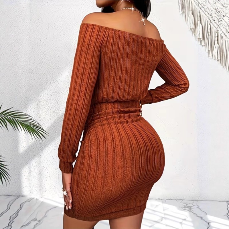 Gaun Modis Wanita Gaun Pesta M - Bodycon Long Sleeve Ribbed Dress ulasan dan harga