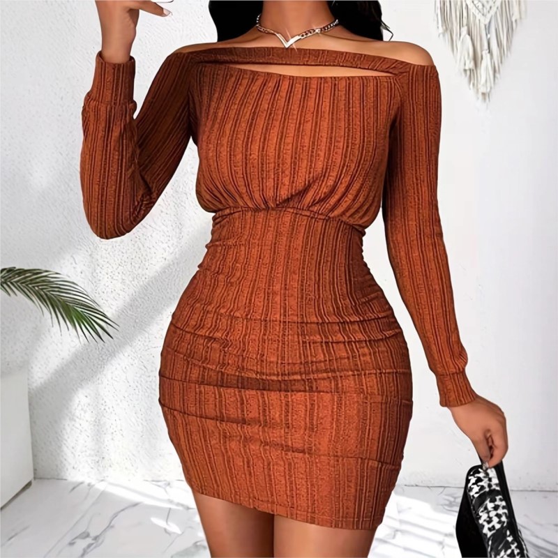Gaun Modis Wanita Gaun Pesta M - Bodycon Long Sleeve Ribbed Dress ulasan dan harga