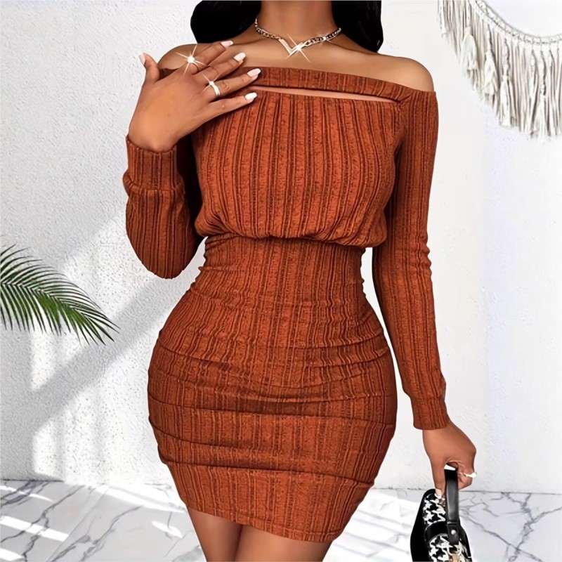 Gaun Modis Wanita Gaun Pesta M - Bodycon Long Sleeve Ribbed Dress ulasan dan harga