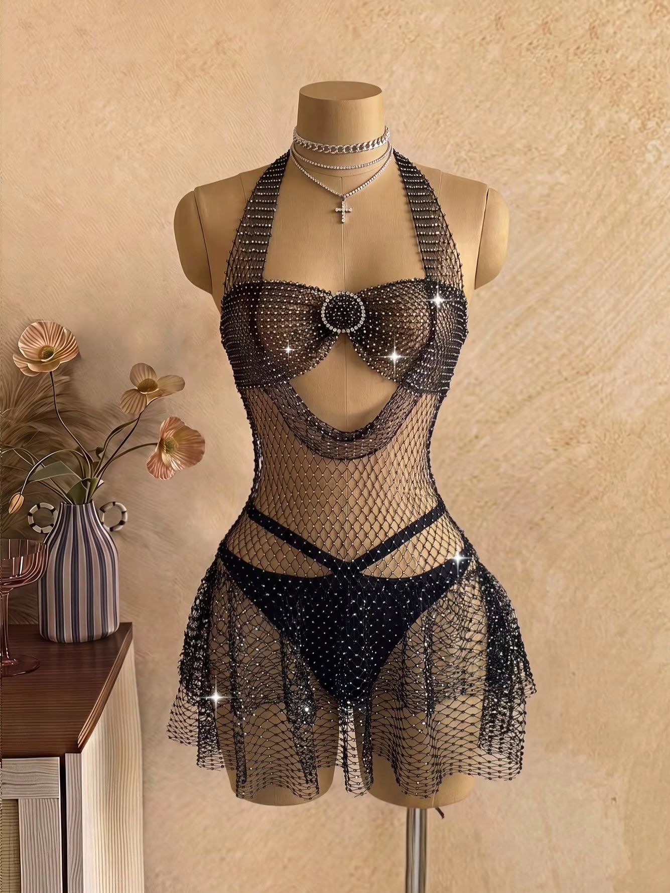 Gaun Halter Berbahan Jaring de - Sparkly Rhinestone Club Party Dress ulasan dan harga
