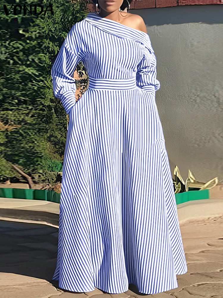 VONDA gaun Maxi bergaris wanit - Off Shoulder Puff Sleeve Sundress ulasan dan harga