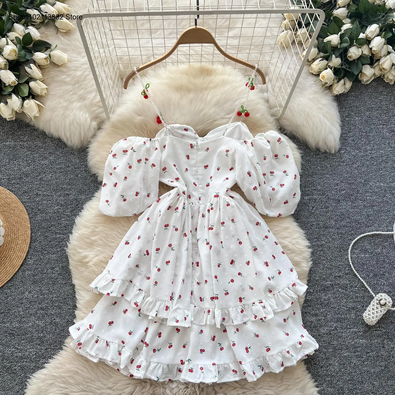 Gaun pendek model A-line denga - Off Shoulder Puff Sleeve Sundress ulasan dan harga