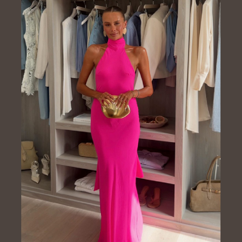 Gaun Maxi Satin Halter Wanita  - Elegant Satin Evening Gown Split ulasan dan harga
