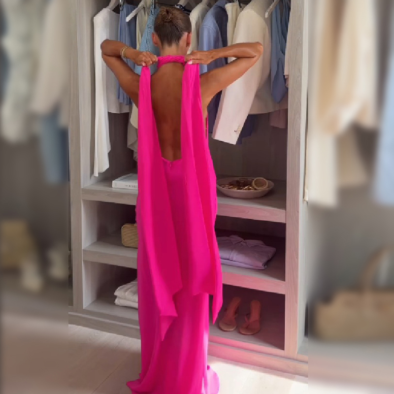 Gaun Maxi Satin Halter Wanita  - Elegant Satin Evening Gown Split ulasan dan harga