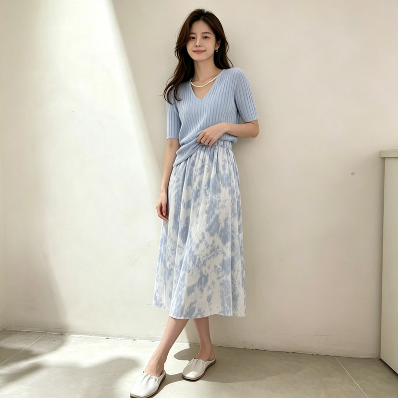 Set Gaun T-shirt V-neck Lengan - Korean Style A Line Shirt Dress ulasan dan harga