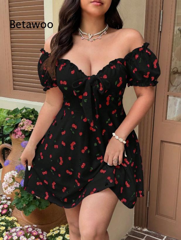 Gaun Mini Wanita Bermotif Bung - Off Shoulder Puff Sleeve Sundress ulasan dan harga