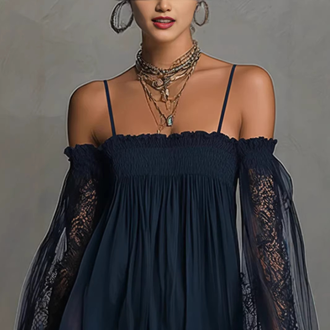 Gaun Mini Wanita Off Shoulder  - French Vintage Floral Midi Dress ulasan dan harga