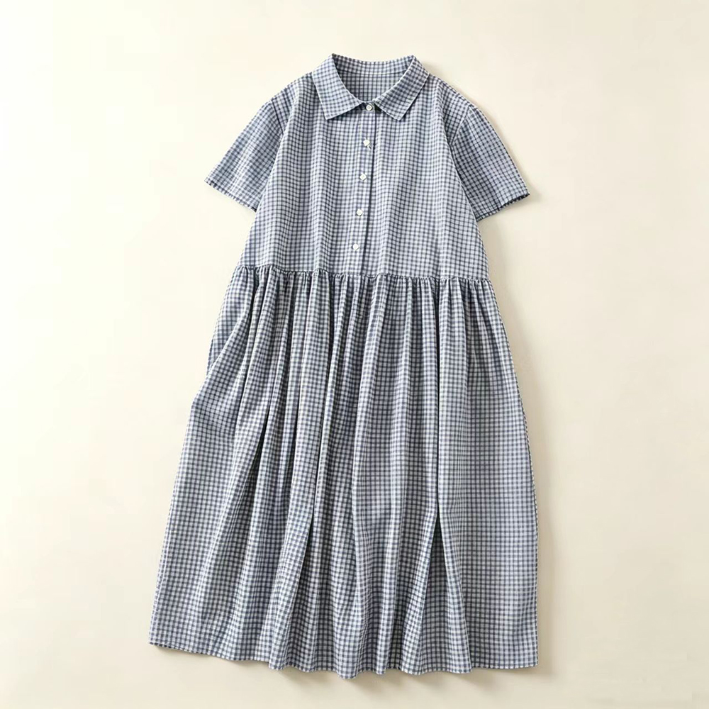 Gaun Midi Kerah Kotak-kotak Bi - Casual Loose Linen Shirt Dress ulasan dan harga