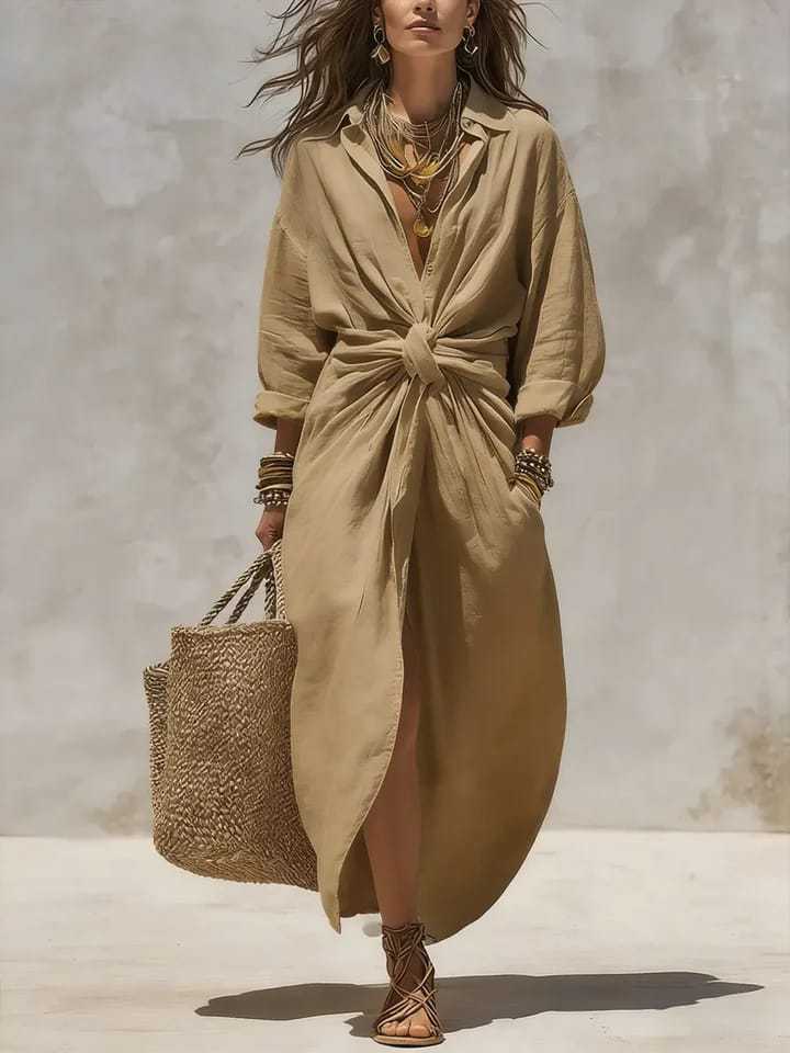 Gaun Kemeja Linen Katun Putih  - Casual Loose Linen Shirt Dress ulasan dan harga