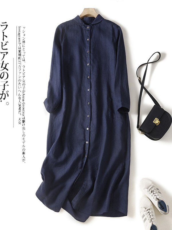 Gaun kemeja longgar berbahan k - Casual Loose Linen Shirt Dress ulasan dan harga