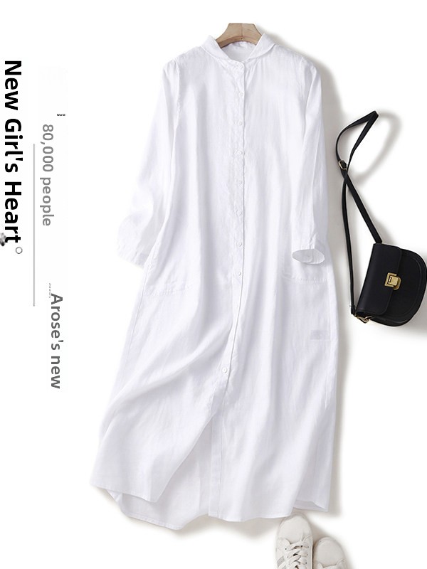 Gaun kemeja longgar berbahan k - Casual Loose Linen Shirt Dress ulasan dan harga