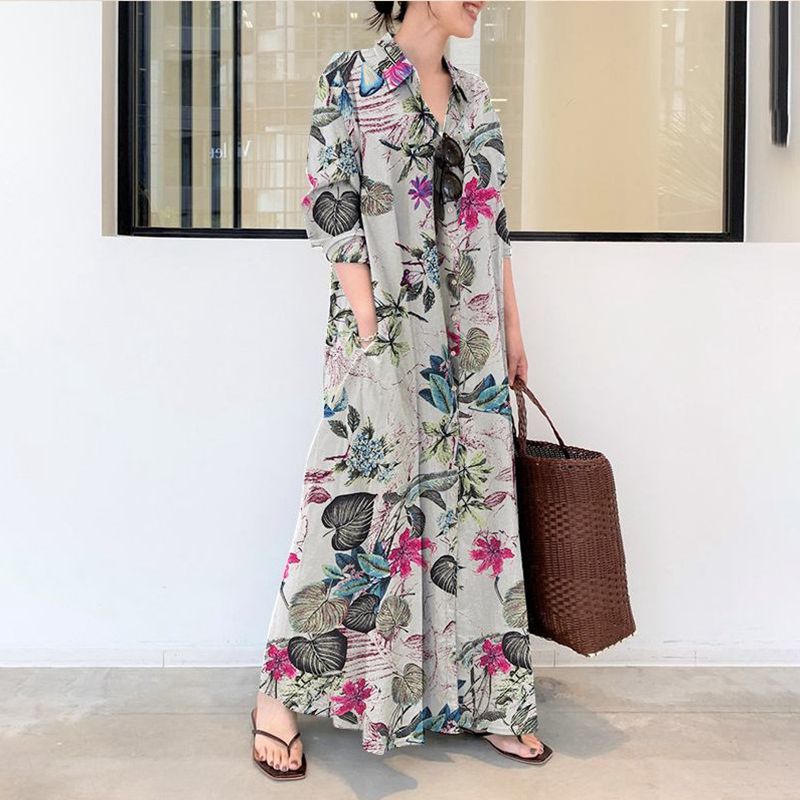 Gaun Katun dan Linen Kasual Uk - Casual Loose Linen Shirt Dress ulasan dan harga