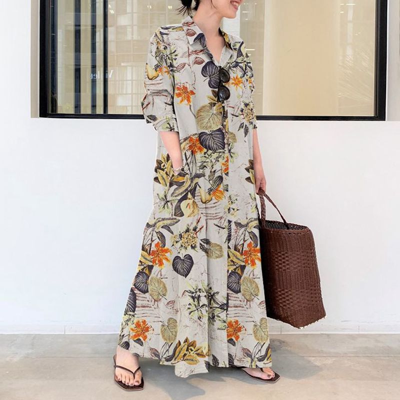 Gaun Katun dan Linen Kasual Uk - Casual Loose Linen Shirt Dress ulasan dan harga