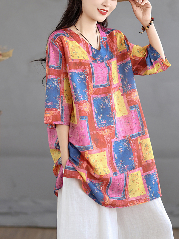 Atasan Linen Kasual Bermotif V - Casual Loose Linen Shirt Dress ulasan dan harga