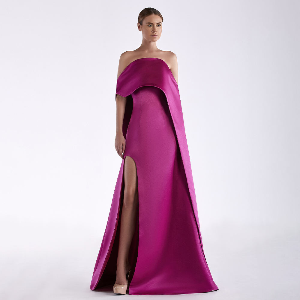 Gaun malam Satin Fuchsia gaun  - Elegant Satin Evening Gown Split ulasan dan harga