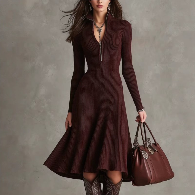 Gaun Midi Rajut Bergaris untuk - Bodycon Long Sleeve Ribbed Dress ulasan dan harga
