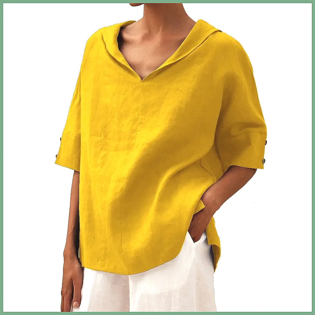 Kemeja Linen Katun Kerah V Lon - Blouses ulasan dan harga