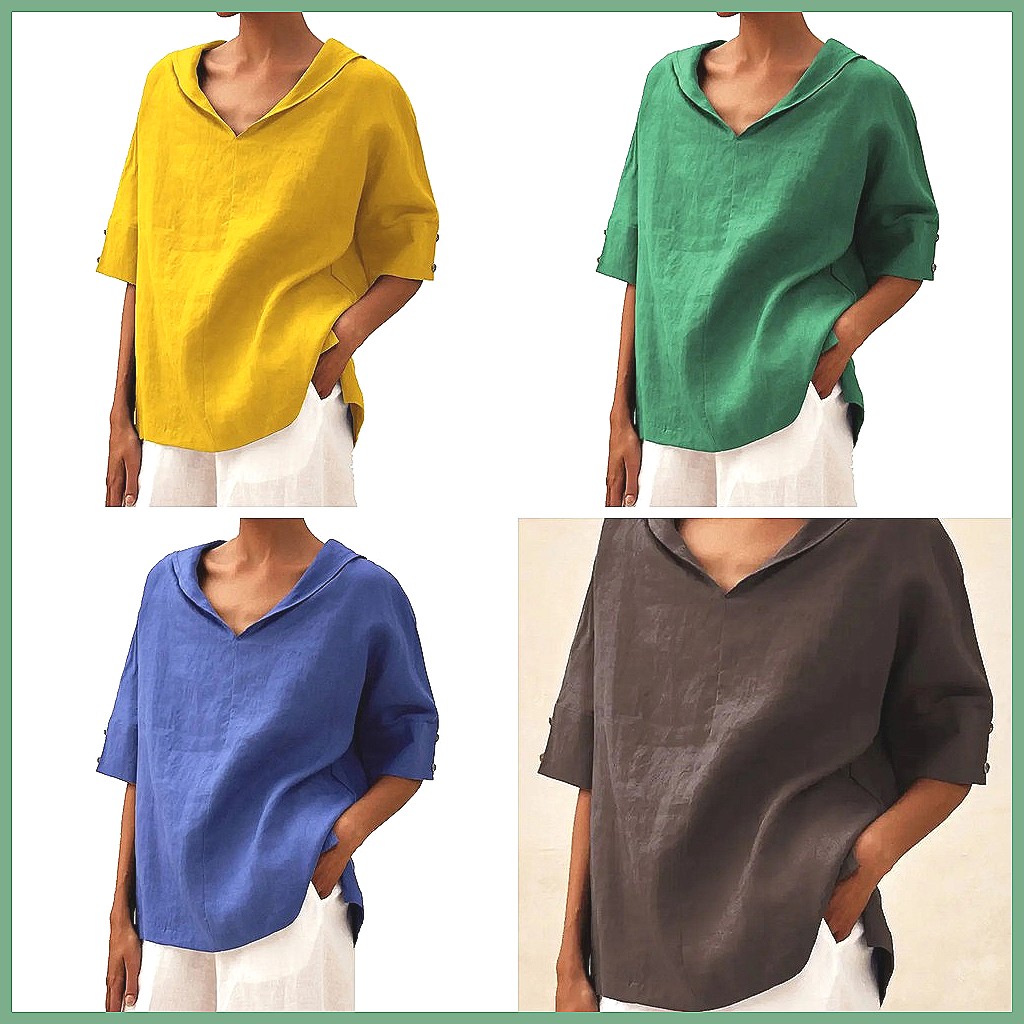 Kemeja Linen Katun Kerah V Lon - Blouses ulasan dan harga