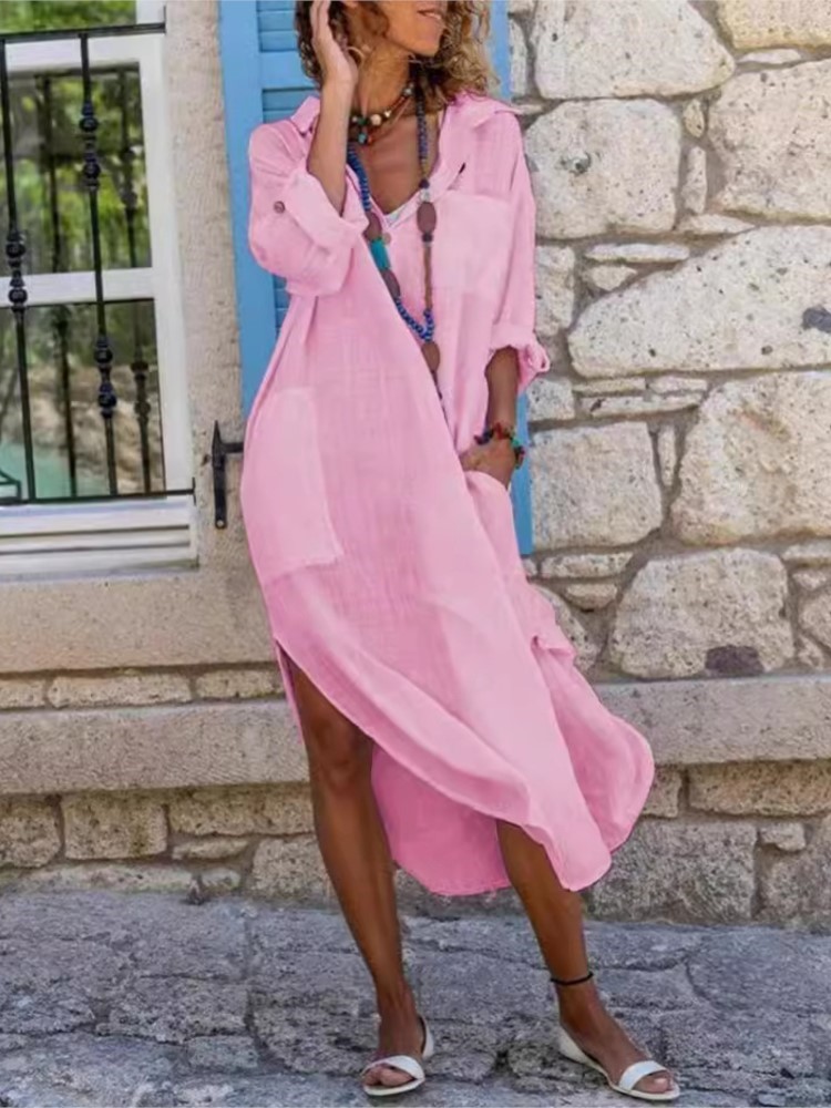 Gaun panjang wanita, Dress kem - Casual Loose Linen Shirt Dress ulasan dan harga