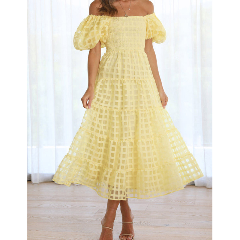 Gaun panjang musim panas wanit - Off Shoulder Puff Sleeve Sundress ulasan dan harga
