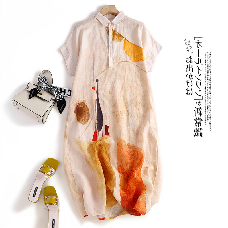 Gaun Kemeja Katun Linen Kasual - Casual Loose Linen Shirt Dress ulasan dan harga