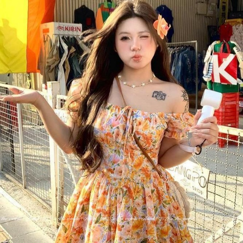 Gaun Mini Motif Bunga Oranye M - Off Shoulder Puff Sleeve Sundress ulasan dan harga